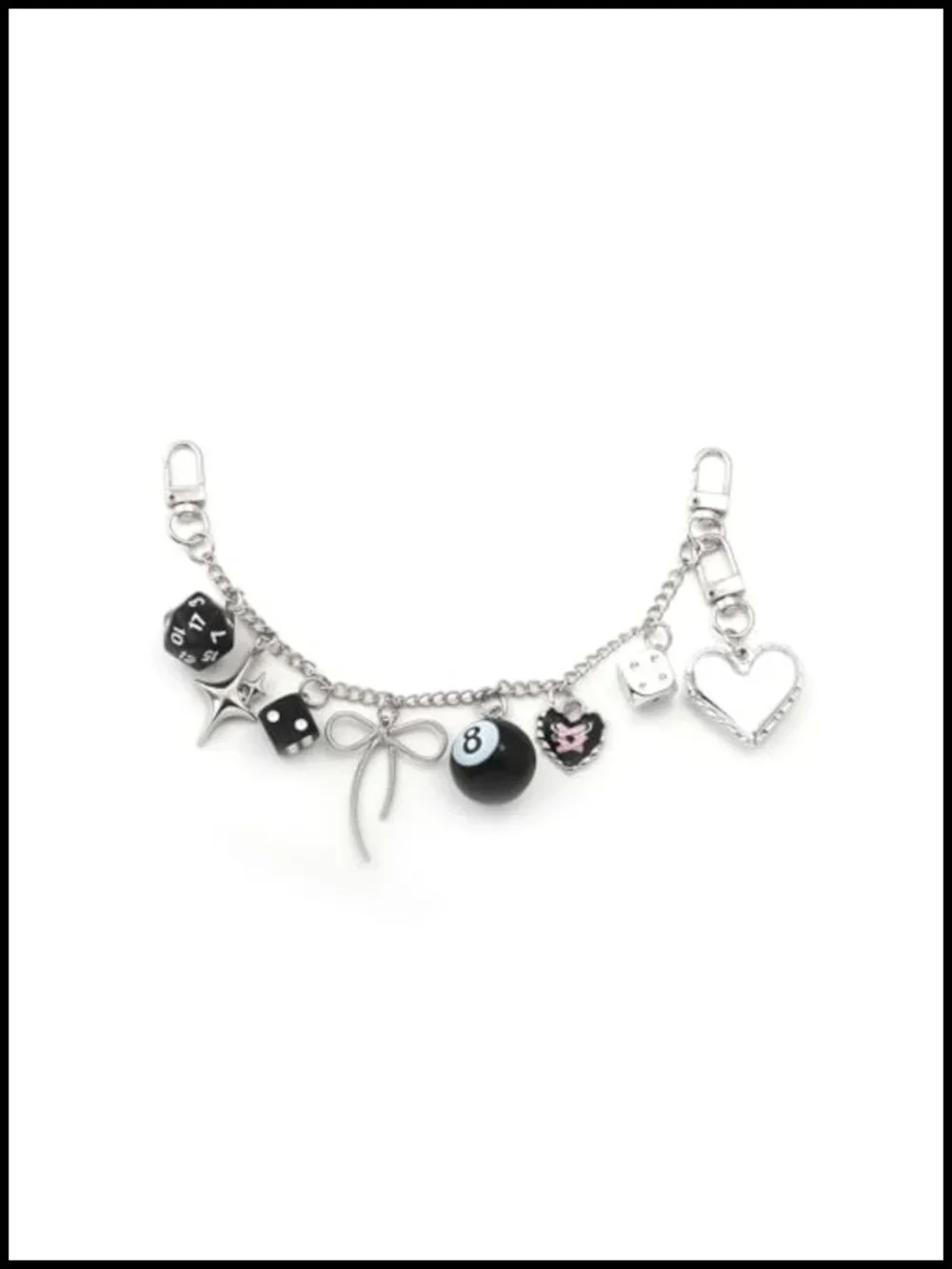 Y2K Silver Purse Chain Bag Charm with Dice 8 Ball Bow Heart